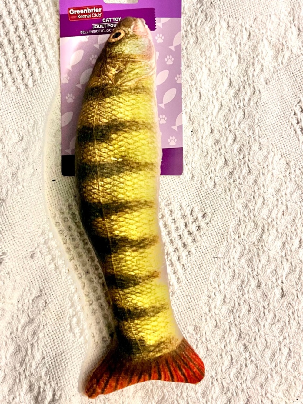 Greenbrier Kennel Club Yellow Striped Fish Cat Toy with Interior Bell